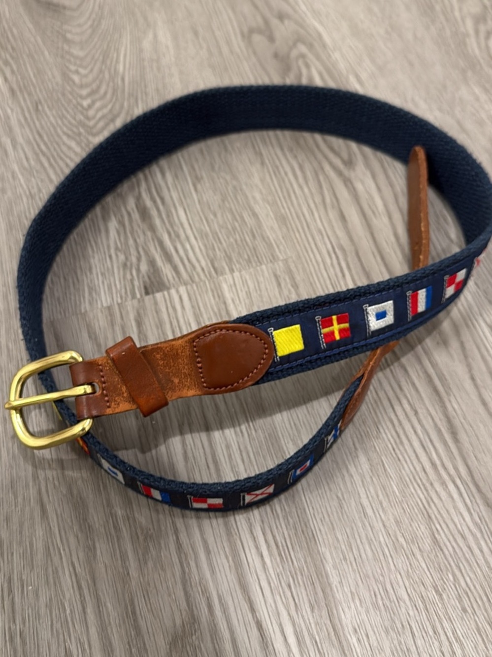 Navy Nautical Flag Embroidered Men's Belt with Brown Leather Trim size 36
